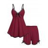 Ensemble de Pyjama à Bretelle à Ourlet en Dentelle de Grande Taille et de Short - Rouge foncé 5X