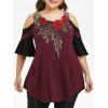 T-shirt Brodé à Epaule Dénudée de Grande Taille - Rouge foncé 1X