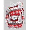 Christmas Deer Snowflake Print T-shirt with Flower Lace Cami Top - GREEN XL
