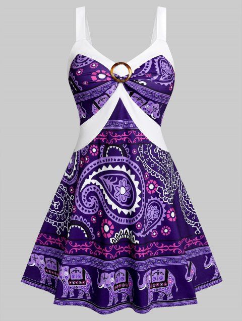Bohemian Paisley Elephant Print O Ring Corset Style Sleeveless Mini Dress