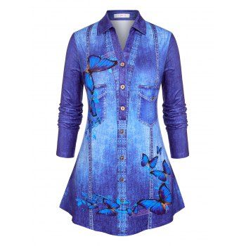 

Plus Size Half Button Denim Print Blouse, Blue