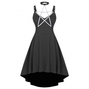 

Plus Size Cutout Eyelet Star Pattern High Low Dress, Black