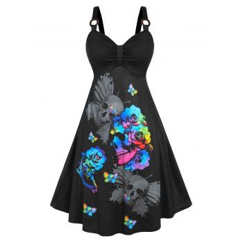 

Plus Size O Ring Skull Rose Print Halloween Dress, Black