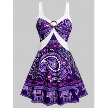 

Bohemian Paisley Elephant Print O Ring Corset Style Sleeveless Mini Dress, Concord