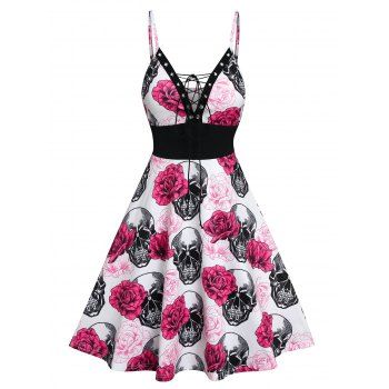 

Flowers Skulls Print Spaghetti Strap Lace-up Dress, Light pink