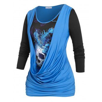 

Plus Size Cowl Front Skull Print Halloween T-shirt, Blue