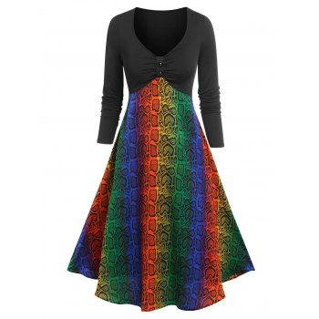 Button Rainbow Snakeskin Printed Flare Dress