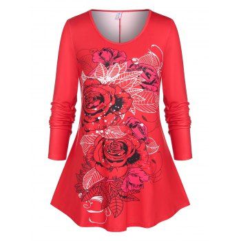 

Plus Size Basic Floral Print T-shirt, Red