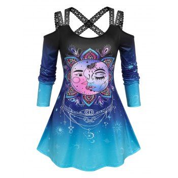 

Plus Size Sun And Moon Print Gradient T Shirt, Black