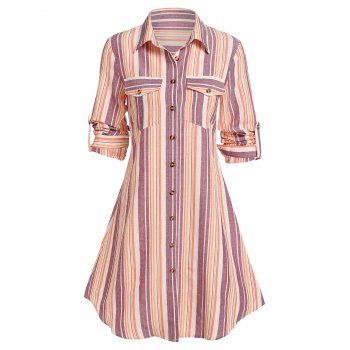 

Double Pockets Striped Print Shirt Dress, Red