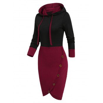 

Two Tone Hooded Button Knitted Dress, Black