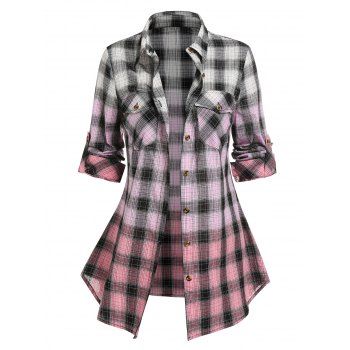 

Button Up Ombre Plaid Pockets Blouse, Multicolor