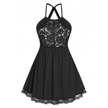 

Plus Size Lace Panel Crisscross Babydoll Dress, Black