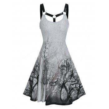 

Lace Up Trees Pattern O Ring Dress, Light gray