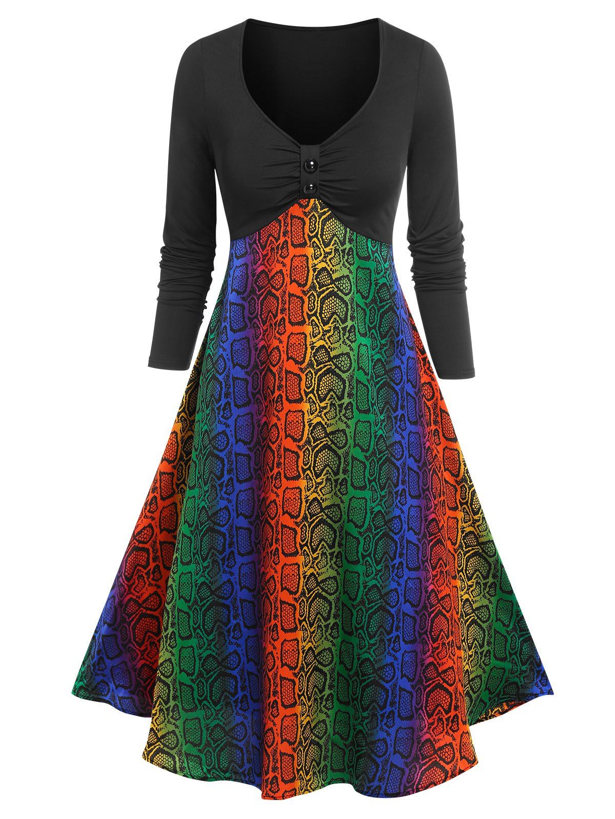 Button Rainbow Snakeskin Printed Flare Dress - BLACK L