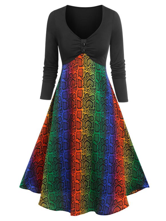 Button Rainbow Snakeskin Printed Flare Dress - BLACK M