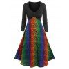 Button Rainbow Snakeskin Printed Flare Dress - BLACK M