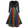 Robe Evasée à Imprimé Peau de Serpent et Arc-en-ciel avec Bouton - Noir XL