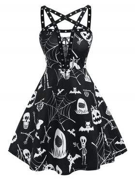 Halloween Skull Bat Pumpkin Print Lace-up Sleeveless Dress