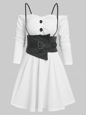 Frilled Off Shoulder A Line Dress and Suspender Corset Belt Set