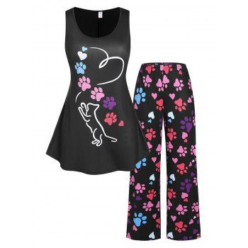 

Plus Size Dog Footprints Pajamas Top and Pants Set, Black