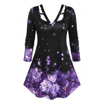 

Plus Size Rose Print Cutout T-shirt, Black