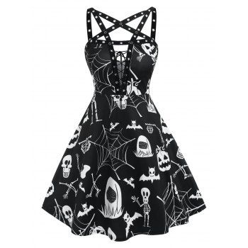 

Halloween Skull Bat Pumpkin Print Lace-up Sleeveless Dress, Black