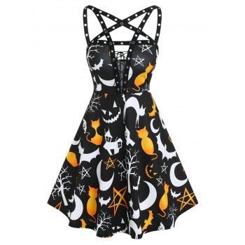 

Halloween Ghost Cat Moon Print Sleeveless Lace-up Dress, Black