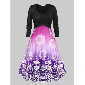 Plus Size Crossover Ombre Color Floral Print Dress