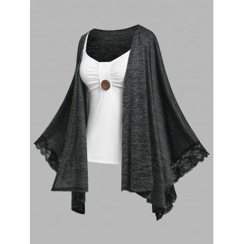 

Plus Size Batwing Sleeve Lace Trim Handkerchief Cardigan and Tank Top, Dark gray