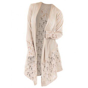 

Plus Size Lace Insert Sheer Patchwork Collarless Cardigan, Light yellow