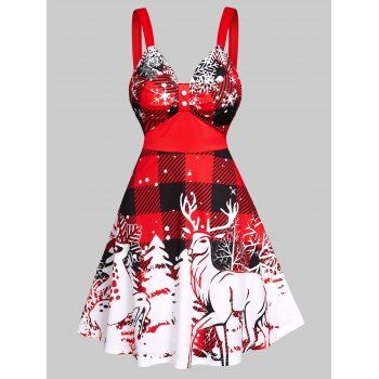 

Christmas Trees Plaid Elks Print Sleeveless Dress, Red