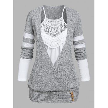 

Lace Insert Surplice Faux Twinset T-shirt, Light gray