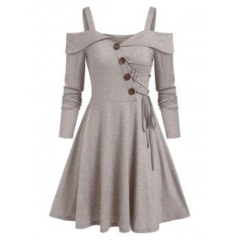 

Cold Shoulder Lace-up Heathered Dress, Light coffee