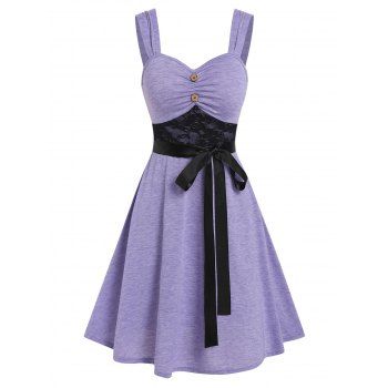 

Summer Vacation Floral Lace Insert Button Ruched Belted Dress, Light purple