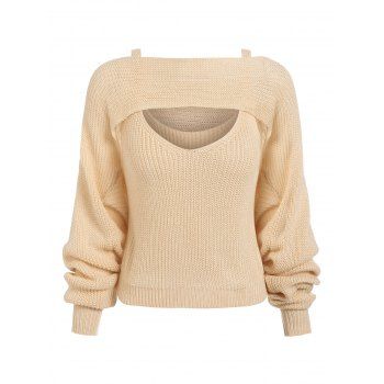 

Open Bust Boat Neck Sweater with Knitted Tank Top, Light coffee