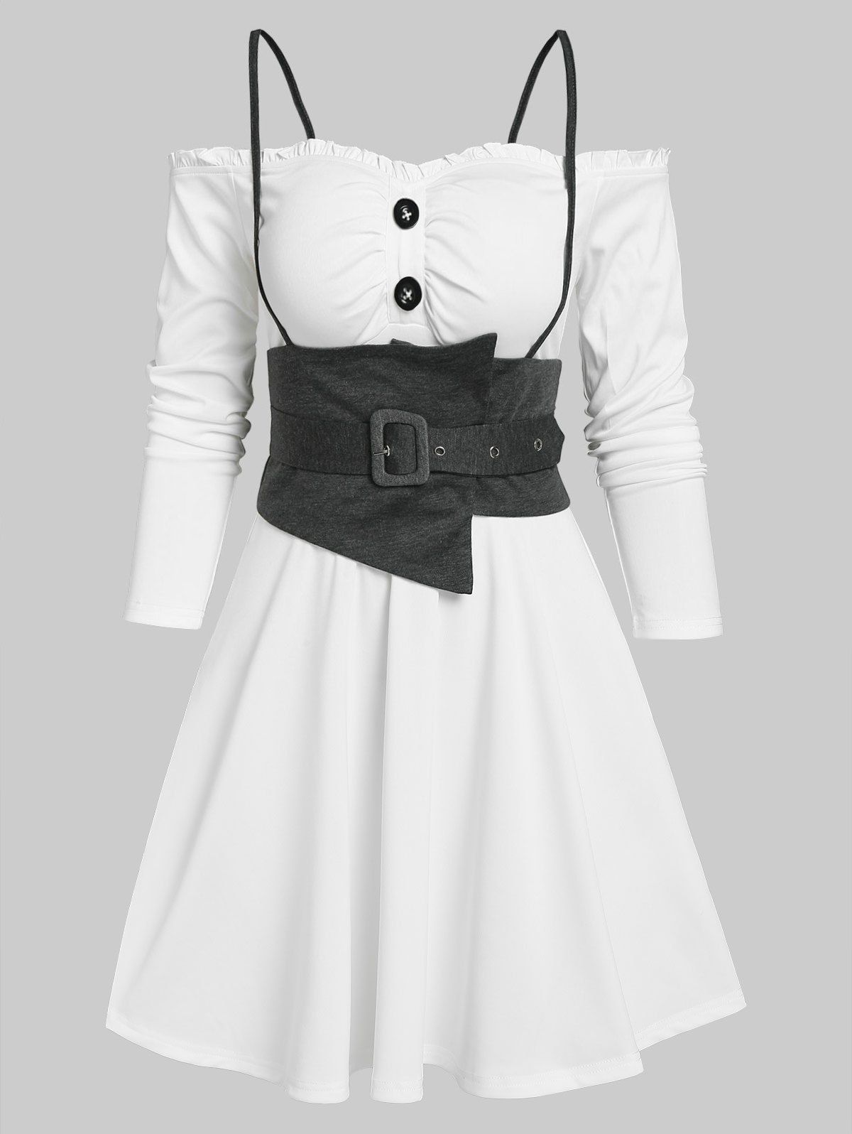 Frilled Off Shoulder A Line Dress and Suspender Corset Belt Set - WHITE XXL