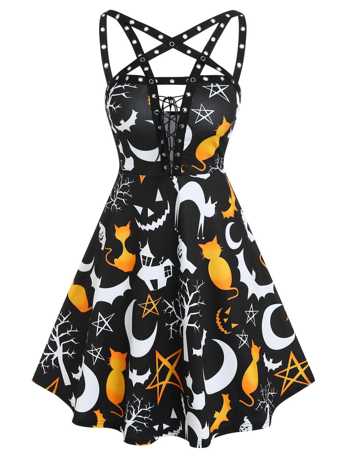 Halloween Ghost Cat Moon Print Sleeveless Lace-up Dress - BLACK XL
