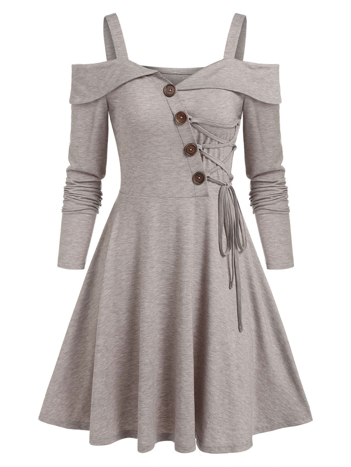 Cold Shoulder Lace-up Heathered Dress - LIGHT COFFEE XXXL