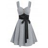 Summer Vacation Floral Lace Insert Button Ruched Belted Dress - LIGHT GRAY M