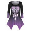 T-shirt Mouchoir Ombré à Crâne et Cœur à Manches Longues Grande Taille - Pourpre 3X