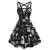 Halloween Skull Bat Pumpkin Print Lace-up Sleeveless Dress - BLACK L