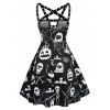 Halloween Skull Bat Pumpkin Print Lace-up Sleeveless Dress - BLACK XXXL