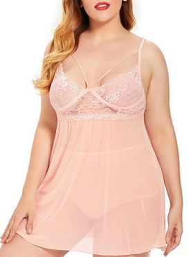 Plus Size Lace Mesh Sheer Cami Sexy Babydoll and Briefs Set