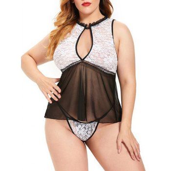 

Plus Size Lace Keyhole Sheer Mesh Babydoll Set, Black