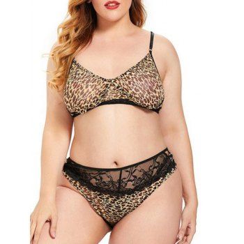 

Plus Size Mesh Leopard Lace Insert Bralette Set, Light yellow