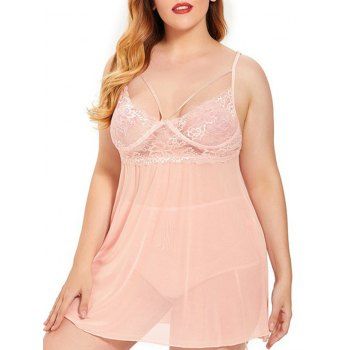 Plus Size Lace Mesh Sheer Cami Sexy Babydoll and Briefs Set