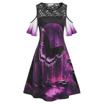 

Plus Size Cold Shoulder Butterfly Print Lace Panel Dress, Purple