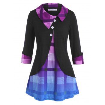 

Plaid Insert Mock Button Overlap T Shirt, Black