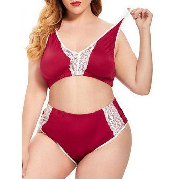 

Plus Size Lace Insert Piping Lingerie Bralette Set, Red